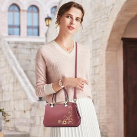 FOLOVEYA Elegant Women Handbags Flowers Embroidery Ladies Small Top Handle Bag PU Leather Crossbody Bag Satchel Shoulder Bags for Shopping Travel Work Dating Dark Pink C