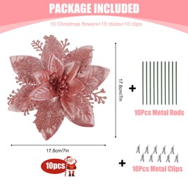RECUTMS 10 Pcs Christmas Glitter Artificial Poinsettia Flowers 6inch Christmas Tree Decoration Christmas Wreath Holiday Seasonal Decorations (Rose Gold, 6inch)