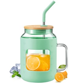 WINSA 50 oz Glass Water Bottles with Silicone Sleeve,Glass Tumbler with Lid and Straw,Iced Coffee Cup with Handle,BPA Free-Green
