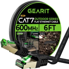 GearIT Cat 7 - Cable Ethernet plano para exteriores (6 pies, negro), con clasificación LLDPE para entierro directo, para interiores Cat7, blindado, FTP 600 MHz 10 Gbps, red de computadora para juegos