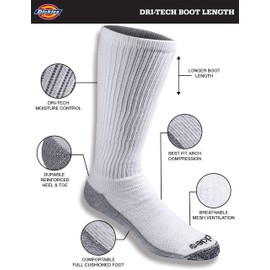 Dickies Men's Dri-Tech Moisture Control Boot-Length Socks, Available in L-XL (6, 12, White (6 Pairs), X-Large