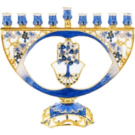 The Dreidel Company Meticulously Hand Painted Hanukkah Enamel Hamsa Menorah Artistic Candles Holder Fits All Standard Chanukah Candles- Menorah is 8 Inches High