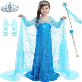 Traje de Princesa de Nieve con Guantes de Cetro de Corona de Peluca,Adecuado para Disfraces de Fiesta de Cumpleaños de Niñas,Adecuado para Disfraces de Carnaval,Fiestas de Disfraces (Azul, 110(3-4T))