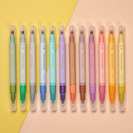 WRITECH Dual Tip Highlighter Markers: Aesthetic Fine & Chisel Tip Pastel Vintage Marker Multicolor Pens Pack No Bleed & Smear for Bible Highlighting Journaling, Assorted Colors 12ct