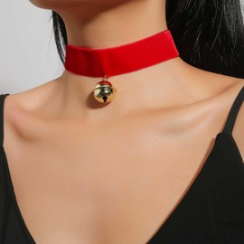 Iaceble Punk Red Velvet Choker Necklace Gold Bell Collar Necklace Wide Velvet Necklaces Cat Bell Necklaces Thick Satin Choker Jewelry for Women