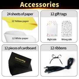 KeerxunBag Christmas Gift Wrapping Essential - 12-Count Gold Reusable Bags (10x4x8 Inch) Yellow/White Tissue, Ribbon, Cardstock & Labels