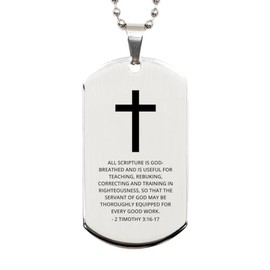 DARIN GIFT Bible Verse Silver Dog Tag, 2 Timothy 3:16-17 Motivational Inspirational Quotes Gifts Cross Faith Engraved Stainless Steel Chain Necklace For Men Women