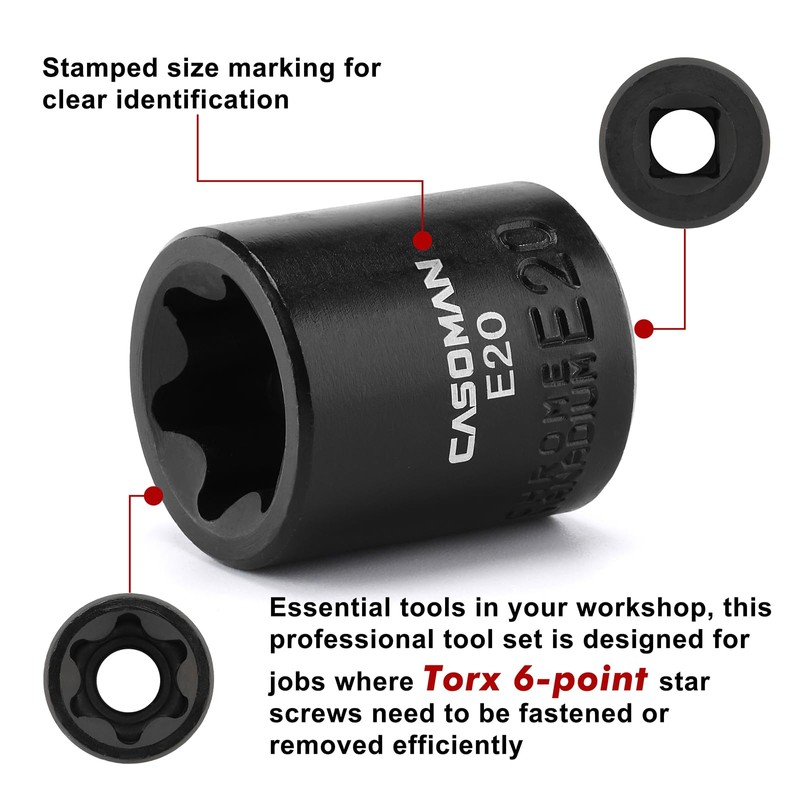 CASOMAN 11PCS Female Torx Socket Set, E Torx & Star