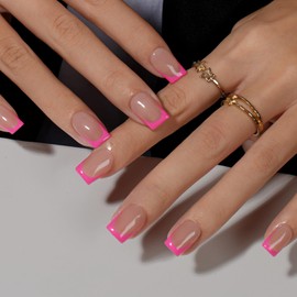 KQueenest Hot Pink French Tip Press On Nails Short Square, 30 Pcs Acrylic Press On Nails With Glue, Natural Nude Short Fake Nails Press ons, Reusable Glossy Soft Gel Glue on Nails for Women Summer