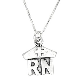 LGU Sterling Silver Registered Nurse RN Charm with Polished Box Chain Necklace (24 Inches)