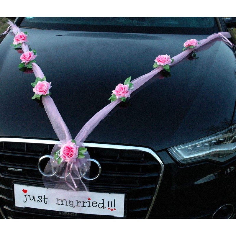 Autoschmuck Organza M garland with roses for bride and groom