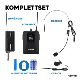 Vonyx WM55B Wireless Microphone Set, Headset Microphone and Lavalier Microphone Wireless with Plug-in Receiver, Lapel Microphone Wireless up to 50 m Range with Pop Filter, UHF 863-865 MHz, Mini