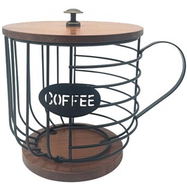 UgyDuky Coffee Pod Holder Metal Organizer with Wooden Base and Lid Coffee Pod Organizer Coffee Bar Organizer Large Capacity Coffee Capsule Storage Basket Black Wire Storage