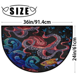 Half Round Rugs Octopus Sea Wave and Tropical Fish Semicircular Indoor Door Mat Entryway Welcome Mat Non-Slip Half Round Low Profile Door Mat for Patio High Traffic Areas