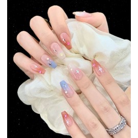 Salon Effect Handmade Press On Nails Hand-painted Rainbow Color False Nails Fashion Adhesive Nail Tips 10 pieces (Summer Dopamine, M)