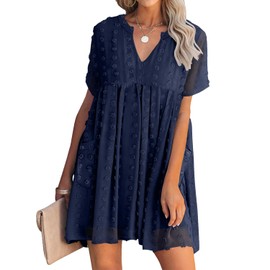 MIHOLL Womens Short Sleeve V Neck Swiss Dot Dress 2025 Summer Casual Boho Ruffle Dress with Pockets(Navy Blue,Large)