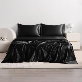 NTBAY Twin Satin Bed Sheet Set, 3 Pieces Luxury and Silky Solid Color Sheet and Pillowcase Set (1 Flat Sheet, 1 Fitted Sheet, 1 Pillowcase) with Deep Pocket, Black