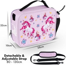 HeavenlyUnicorns Insulated Lilac Unicorn Kids Lunch Bag for Girls Child with Bottle Holder, Carry Handle & Shoulder Strap, Kids Lunch Box Snack Box Tote Cooler Bag for School Picnic Outdoor or Work