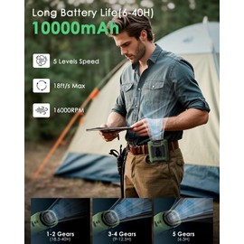 Portable Waist Fan Clip on, Personal Wearable Belt Fan 10000mAh Rechargeable Battery Under Shirt,5 Speeds with light, Neck Fan Hands-Free Cooling For Outdoor Camping Travel (Green)