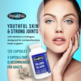Mediton Collagen Supplement, 120 Capsules, 500mg Hydrolyzed Collagen with Vitamin C, Healthy & Youthful Skin, Strengthens Hair & Nails, Bone & Joint Health Support, Made in Canada