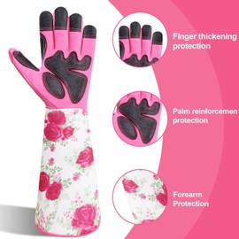 DLY DLY Gardening Gloves for Women, Rose Gloves Gardening Thorn Proof, Long Garden Gloves for Women, Breathable & Durable Leather Gauntlet (Medium, Rose Red)