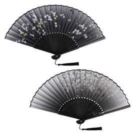 Pack of 2 Hand Fan Bamboo Black Fecher Silk Fabric Chinese Japanese Hand Fan with Tassel for Women Wedding Guests Children Girls Summer