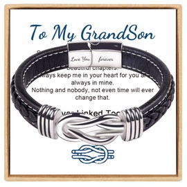 YUZHEJIE To My Grandson Bracelet, Forever Linked Together Braided Leather Bracelet, Back to School Gifts Christmas Gifts Birthday Gifts, 8.6inch