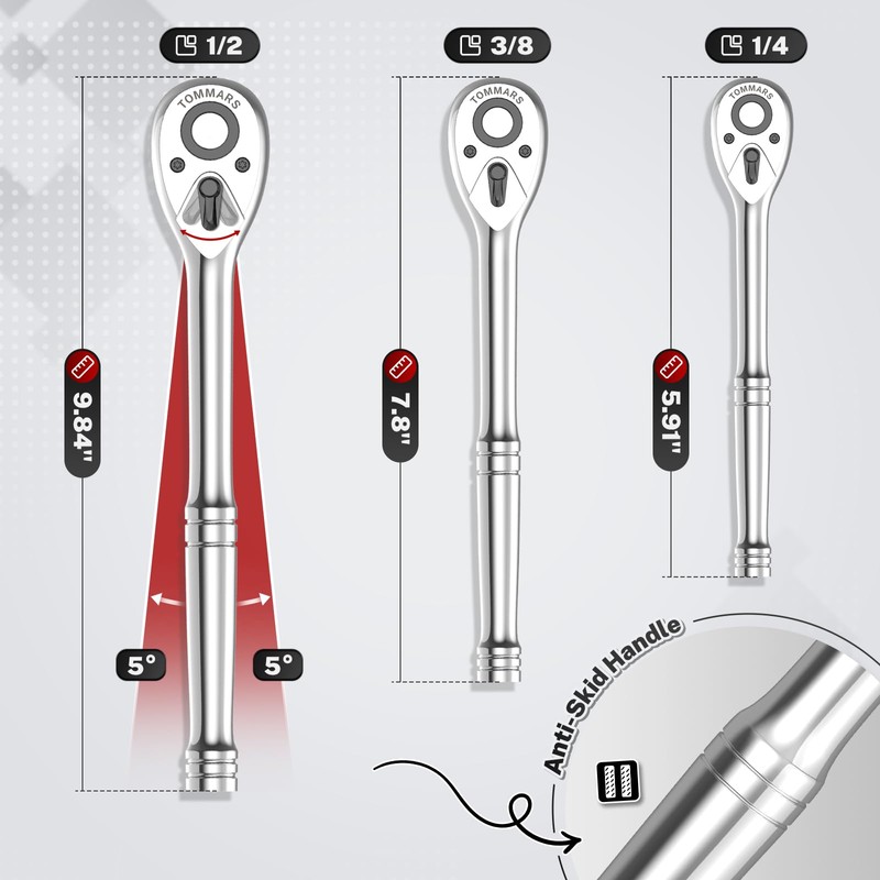 TOMMARS Ratchet Set 1/4" 3/8" 1/2" Drive Ratchet Socket Wrench