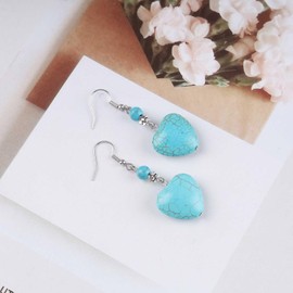 TseenYi Boho Turquoise Heart Earrings Silver Heart Turquoise Dangle Earrings Vintage Turquoise Beads Hook Earrings Tears Drop Dangle Earrings Jewellery for Women and Girls Gifts, Zinc