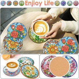 8 PCS Flowers Diamond Art Coasters Diamond Painting Coasters Kits with Holder Flowers for Beginners, Adults, Diamond Art Crafts Supplies (Cork Wooden Pad)