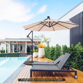 Tangkula 10 ft Cantilever Umbrella w/32 Solar-Powered LED Lights, Functional Tilting System & Hand-Crank Mechanism, Patio Offset Umbrella for Backyard, Poolside, Market, Cross Base Included