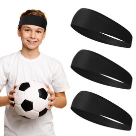 3 Pcs Kids Sports Headbands Boys Girls Athletic Elastic Sweatbands Children Soft Moisture Wicking Hairband Absorbing Sweat Band for Football Basketball Running Tennis (Black)