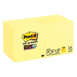 Post-it (R) Super Sticky Pop-Up Notes, Canary Yellow, 3 in. x 3 in, 90 Notes Pad, 16 Pieces Pads
