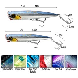 Dr.Fish Topwater Popper Saltwater Fishing Lures, 5.5 Inches GT Popper VMC Treble Hooks Surf Fishing Lures for Striper Pike Salmon Lures Bass Popper Fishing Plugs Offshore Chrome Blue