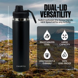 Auryu 24oz Triple Wall Insulated Stainless Steel Water Bottle – Leak Proof Sports Thermos with Bonus Spout Lid – Wide Mouth, BPA-Free, Hot & Cold, Travel Gym Hiking Flask – Black