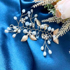 Resweky Wedding Bride Flower Hair VINE Leaf Bride Hair Clip Beads Wedding Headband for Women and Girls Hair Accessories (Gold, L)