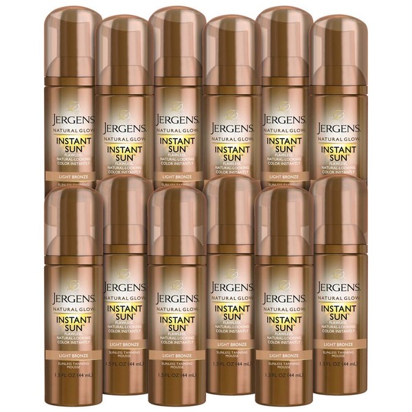 Jergens Natural Glow Instant Sun Body Mousse, Light Bronze Tan, Sunless Tanning, Self Tanner, for a Natural-looking Tan, Stocking Stuffer, 1.5 Ounce, 12-pack