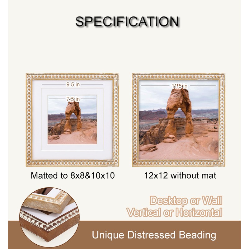 Square 12x12 Rustic Picture Frame, Decorative Distressed Beaded Detailing, Natural