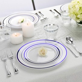 125-Piece White and Silver Floral Fancy Plastic Plates Disposable with Silverware, Elegant Dinnerware for Weddings, Holiday Party China, Set of 25 Dinner + Salad Plates, 25 Spoons, 25 Forks, 25 Knives
