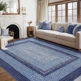 GarveeHome 8x10 Area Rug Braided Print Washable Rug Large for Living Room, Non Slip Farmhouse Rustic Floor Carpet Accent Bedroom Rug Modern Throw Floor Cover Border Carpet (Navy)