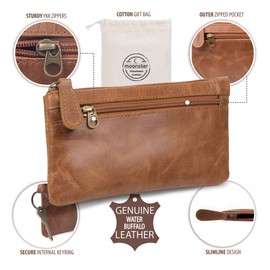 Leather Pencil Case - Beautifully Handcrafted Zippered Pouch That’s Made To Last - Elegant, Practical Pencil Cases for Adults and Students - Unique Design with Side Pocket and Keyring - 8 x 4 inches