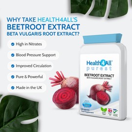 Health4All Beetroot Extract 4500mg per Capsule 60 Capsules (not Tablets) Purest: no additives Vegan Beta Vulgaris Supplement standardised to nitrates Contents, Blood Pressure Support | Made in UK