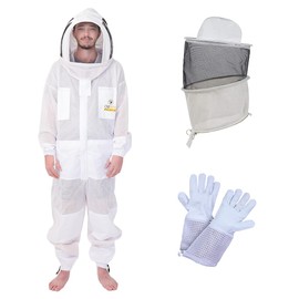 3-Layer Ventilated Beekeeping Suit with Fencing Hoodie Veil & Round Veil, Sting-Proof, Lightweight, Durable, Includes Goatskin Leather Gloves (2XL)