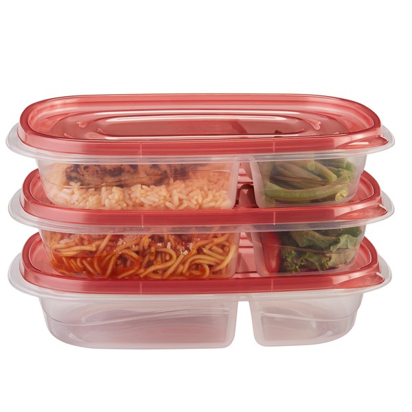Rubbermaid TakeAlongs Divided Rectangular Food Storage Containers, 3.7 Cup, Tint Chili, 3 Count
