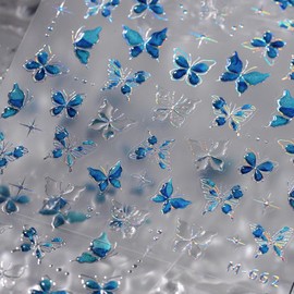 1Sheet 5D Embossed Butterfly Nail Art Stickers Spring Summer Nail Decals Silver Blue Laser Jelly Butterflies Nail Stickers Glitter Star Nail Design Sticker for Women Spring Summer Nail Art Supplies