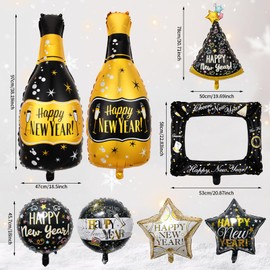 Pack of 8 New Year's Eve 2025 Foil Balloons, New Year's Eve Decoration 2025 XXL, Happy New Year Balloons, New Year's Eve Party Decoration, Black Gold, 2025 New Year Balloons for New Year Party