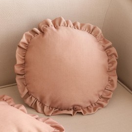 ISAENNE Classic Pink Round Throw Pillow Cover Diameter 16", Solid Color Cottage Linen Cotton Decoration Pillow Cover with Ruffles, Sturdy Throw Pillow Case for Couch Sofa Bed Living Room