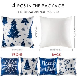 ORANIFUL Christmas Cushion Covers 50cm x 50cm Set of 4 Blue Velvet Holiday Pillow Case for Sofa Couch Bedroom Xmas Decorations Throw Pillowcase 20x20 Inches (4pack-01)
