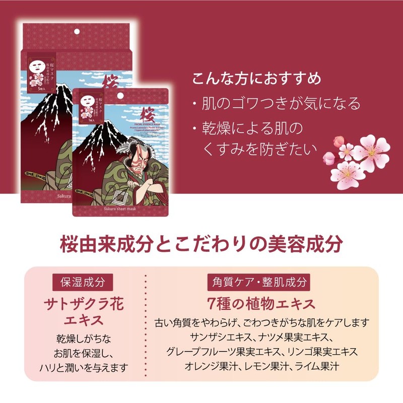 EDSM-03 Edo Ukiyo-e Sheet Mask, Cherry Blossoms (5 Pieces), Skin