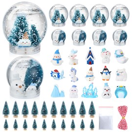 Youyole 47 Pack DIY Snow Globe Kit Includes 10 Clear Plastic Globes 20 Mini Pine with Base 15 Miniature Snowman with Fake Artificial Snow and Rope for Christmas Winter (Blue,Chic)